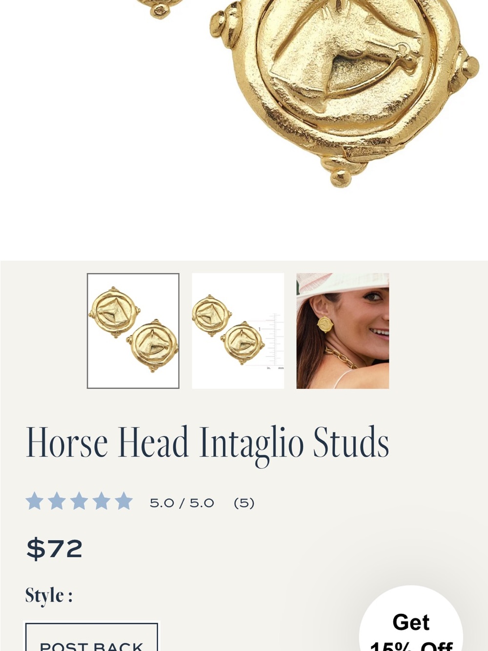 Susan Shaw Gold Equestrian Coin Stud Earrings - Picture 4 of 4